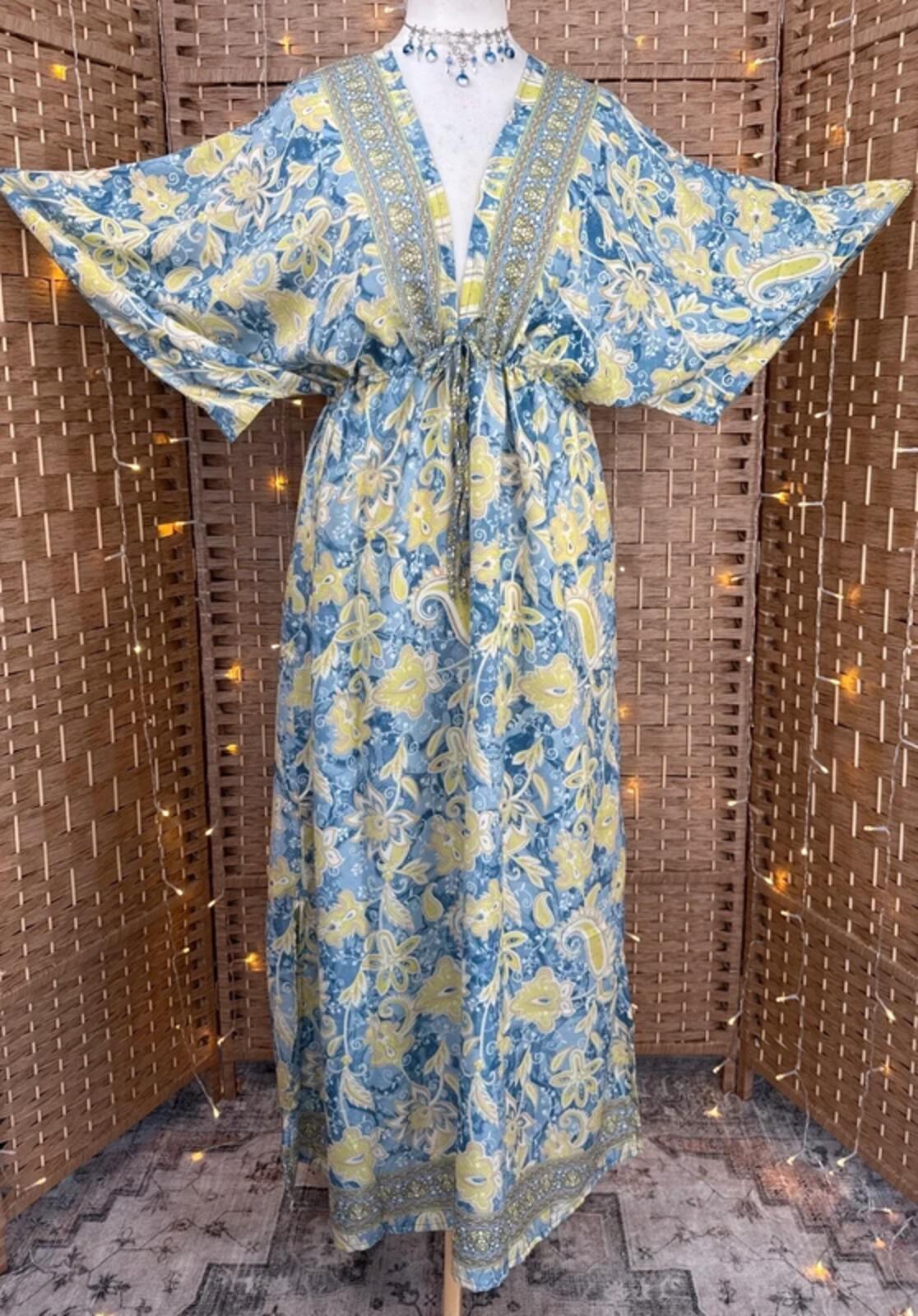 100% Silk Kaftan Maxi Dress Boho Paisley Festival Beach Cover Up
