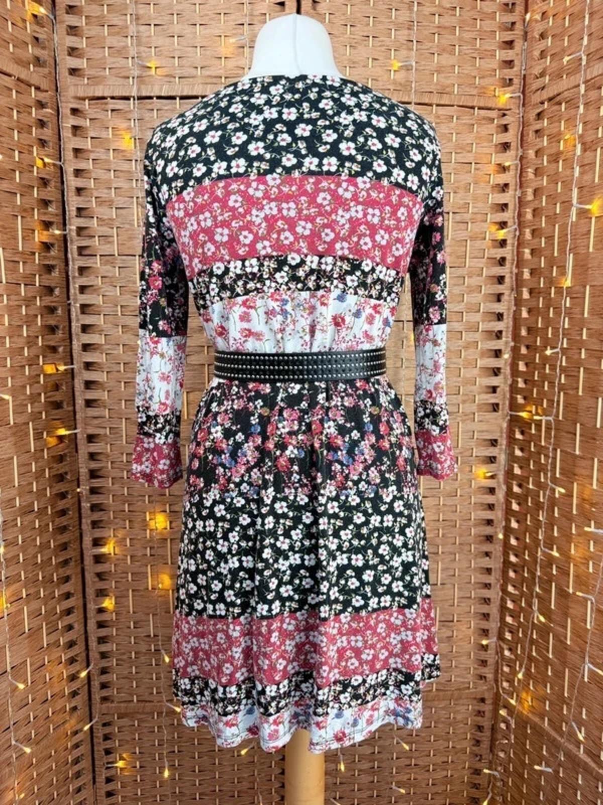 Boho Floral Patchwork Mini Dress UK 14 Cottagecore Belted