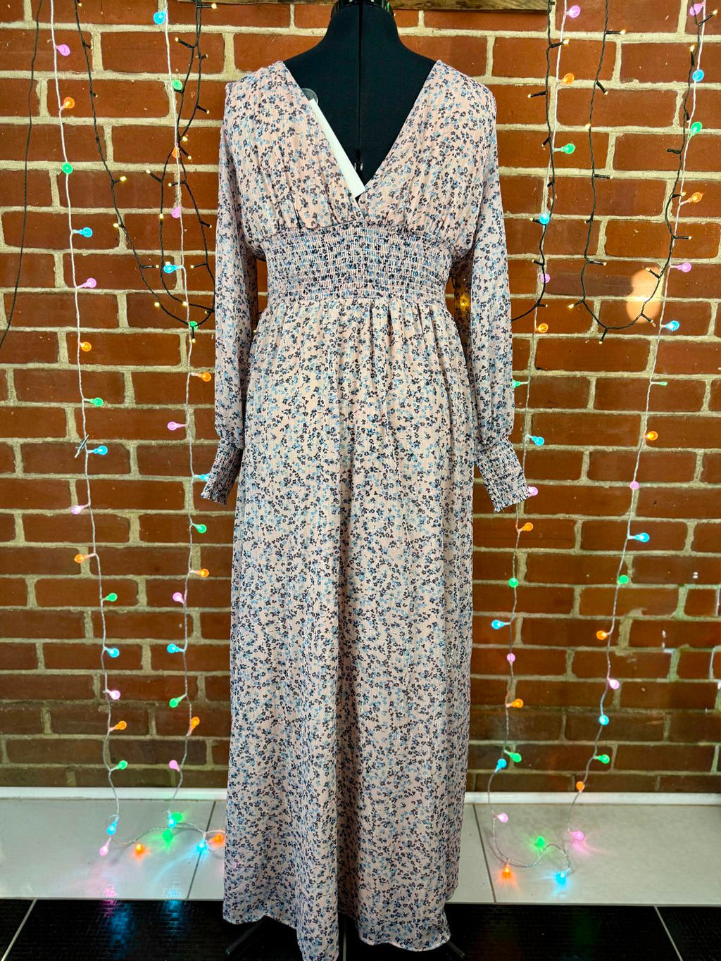 Goddiva Floral V-Neck Smocked Maxi Dress Pink UK 16 / US 12                 .278