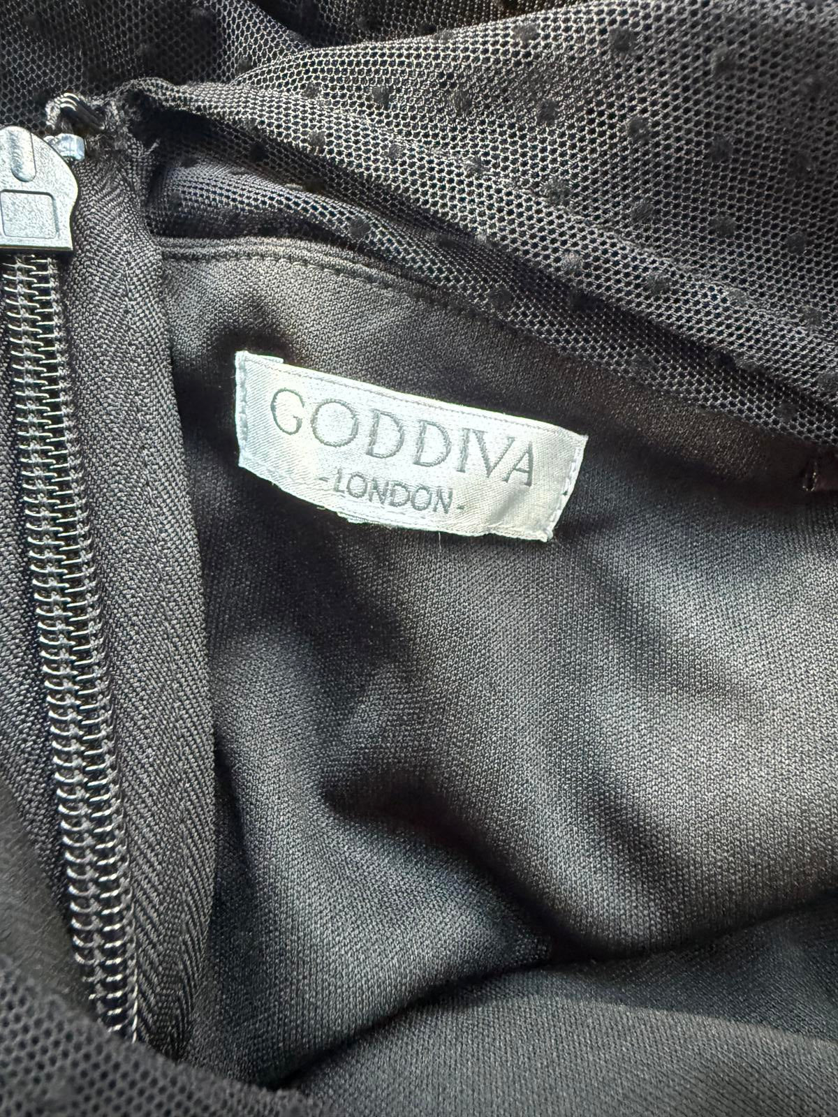 Goddiva Black Mesh Feather Sleeve Gown UK 16 Elegant Evening Dress #179