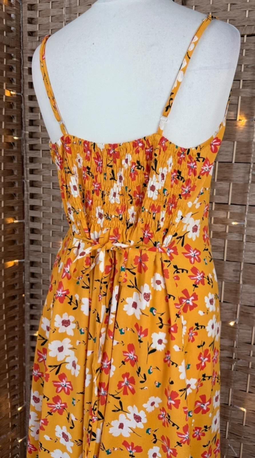 Yellow Floral Summer Midi Dress UK 14 Shirred Back Holiday Beach