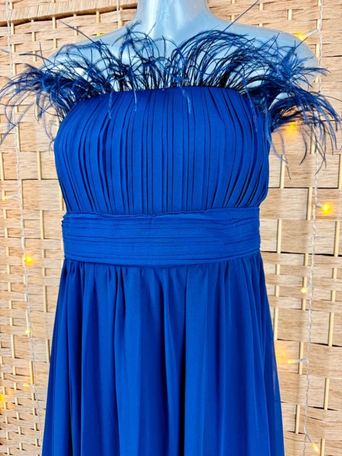 Goddiva Navy Feather Bandeau Maxi Dress UK 8 Prom Cruise