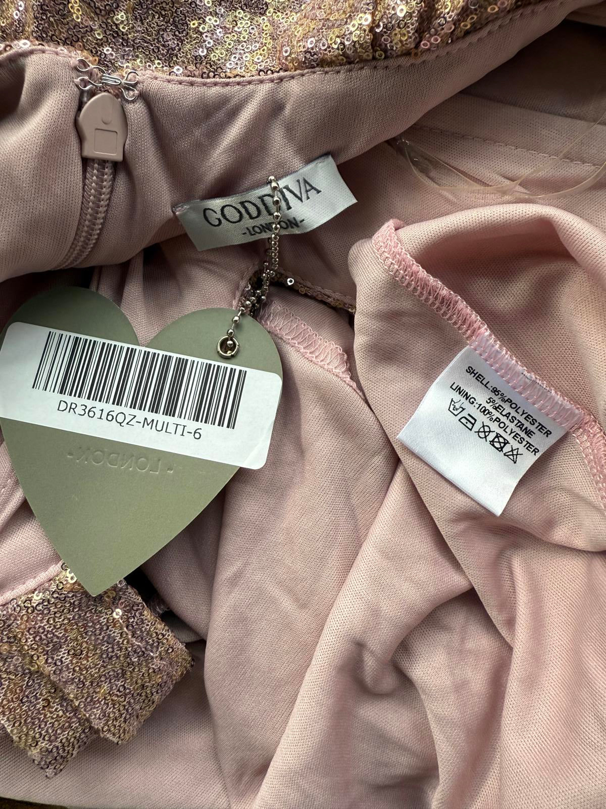 Goddiva London Rose Gold Sequin Maxi Dress (DR3616QZ, UK 6) #188