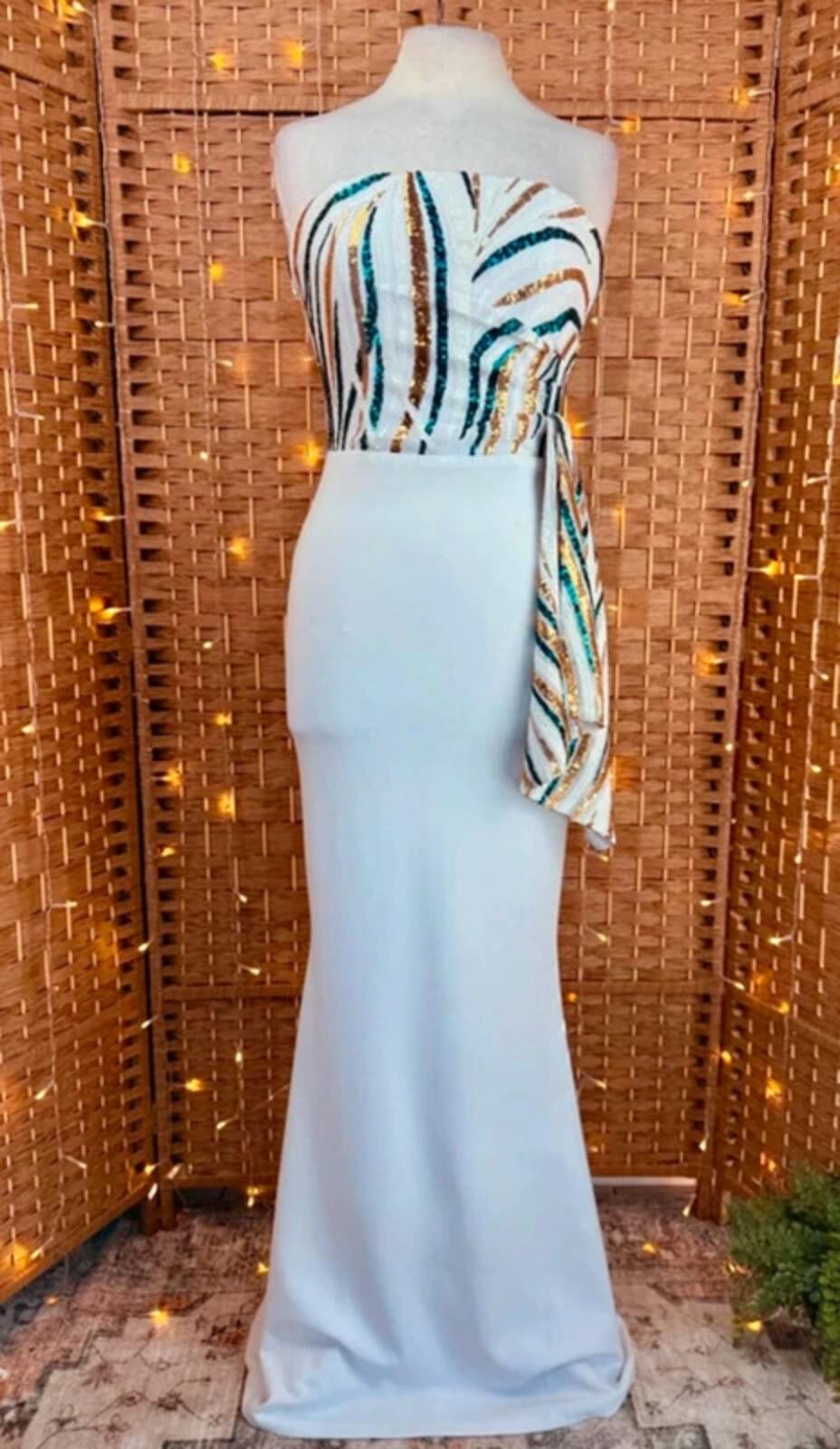 Goddiva White Sequin Strapless Maxi Gown UK 8 BNWT